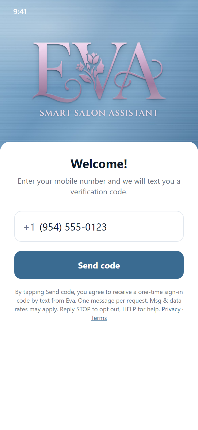 Eva customer app sign-in screen with the SMS consent text below the Send code button