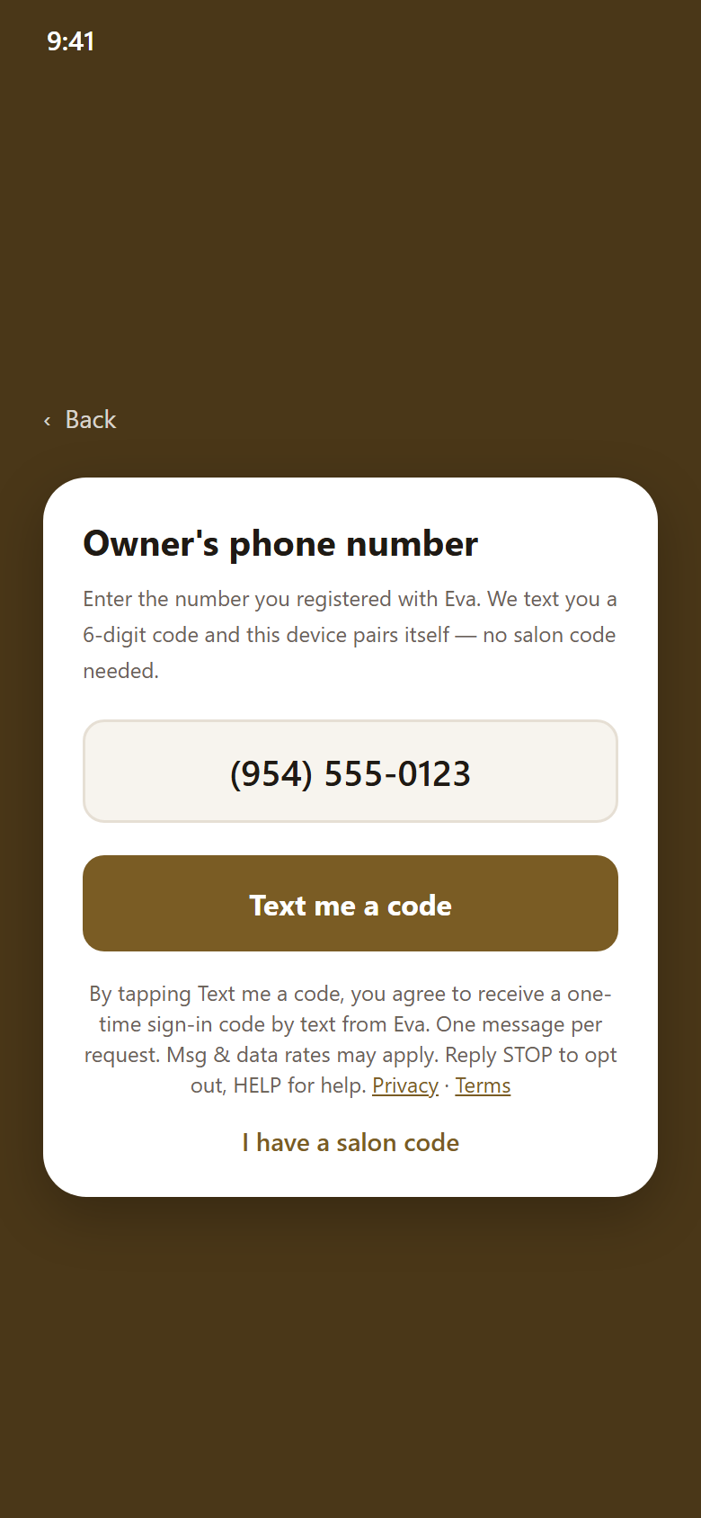 Eva Owner app sign-in screen with the SMS consent text below the Text me a code button