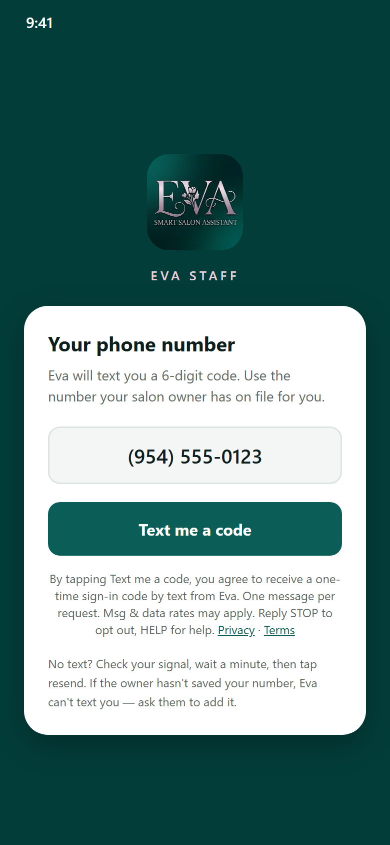 Eva Staff app sign-in screen with the SMS consent text below the Text me a code button