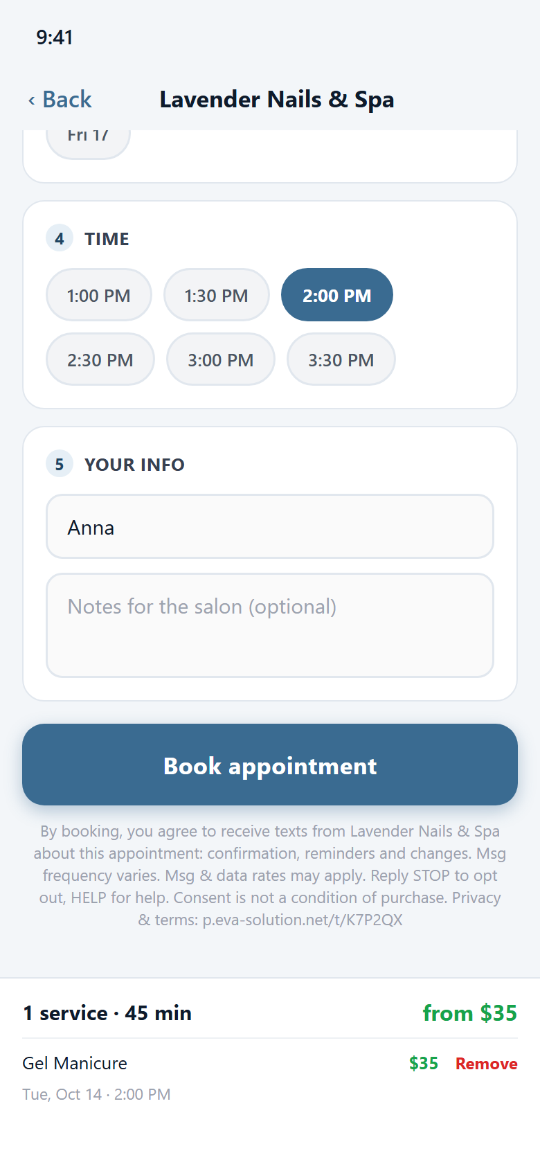 Eva app booking screen with the text message consent below the Book appointment button
