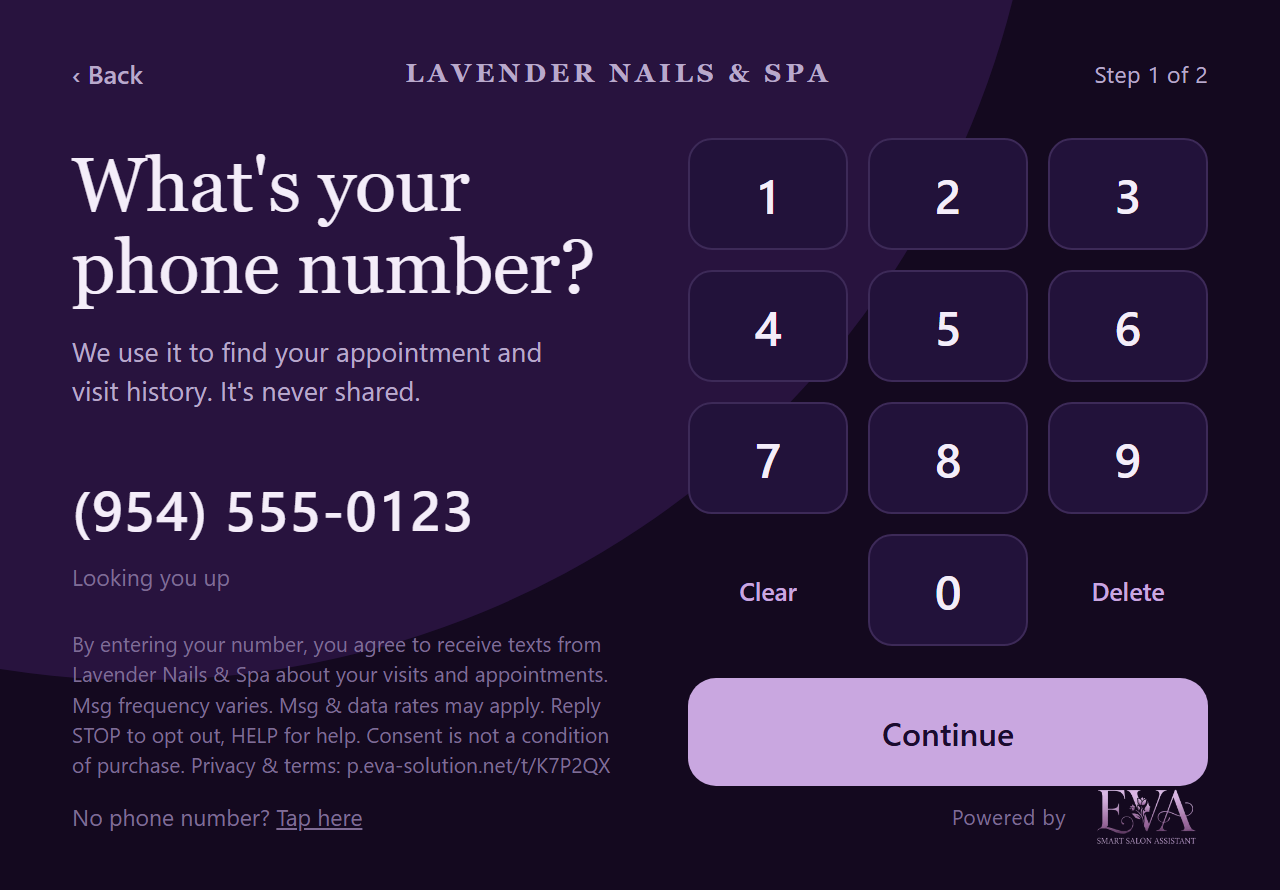 Salon check-in tablet: phone number keypad with the text message consent below the number