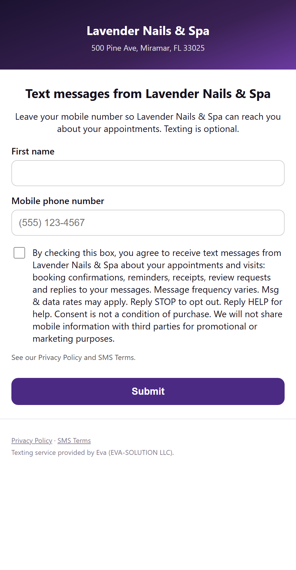 The salon's text message sign-up page with an optional, unchecked consent checkbox